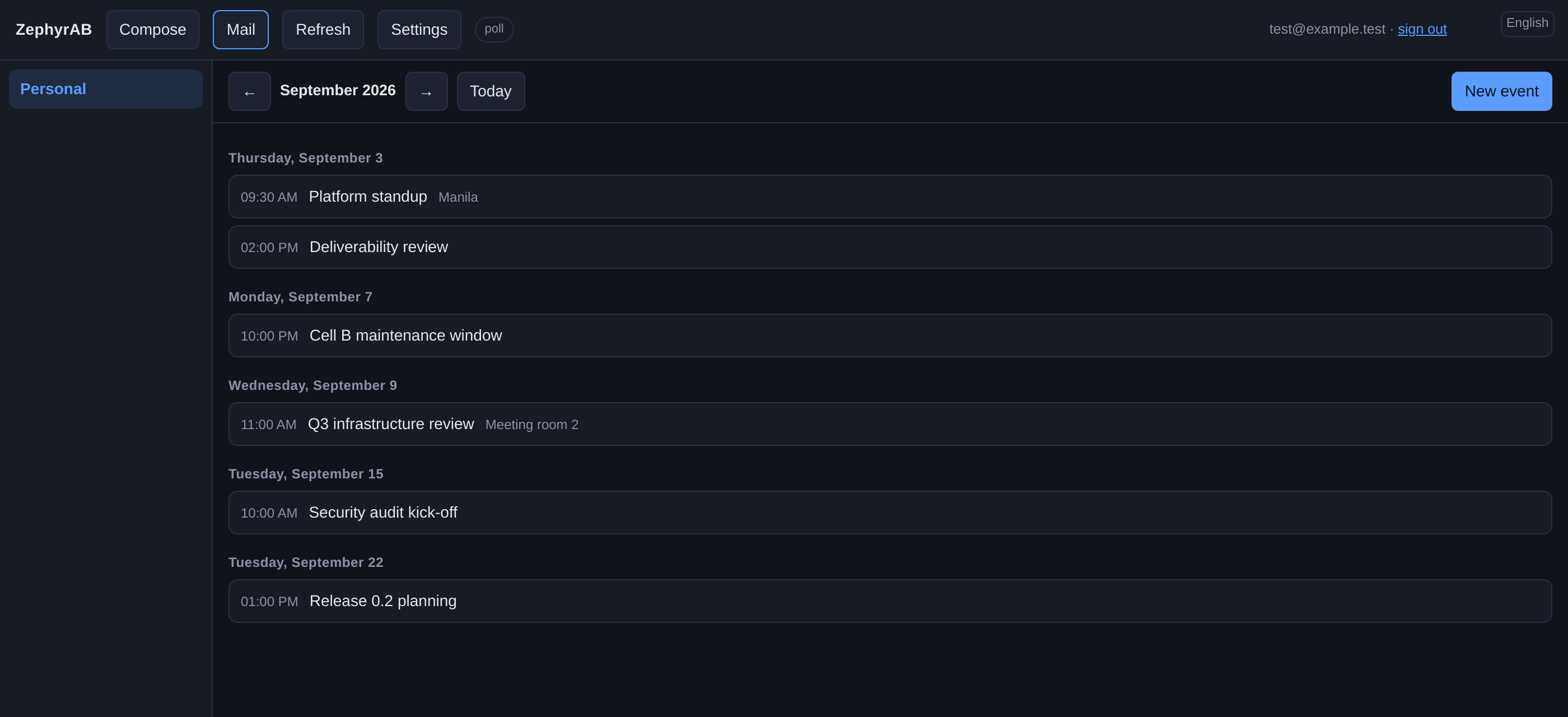 The calendar view in the webmail client, listing upcoming events by day.