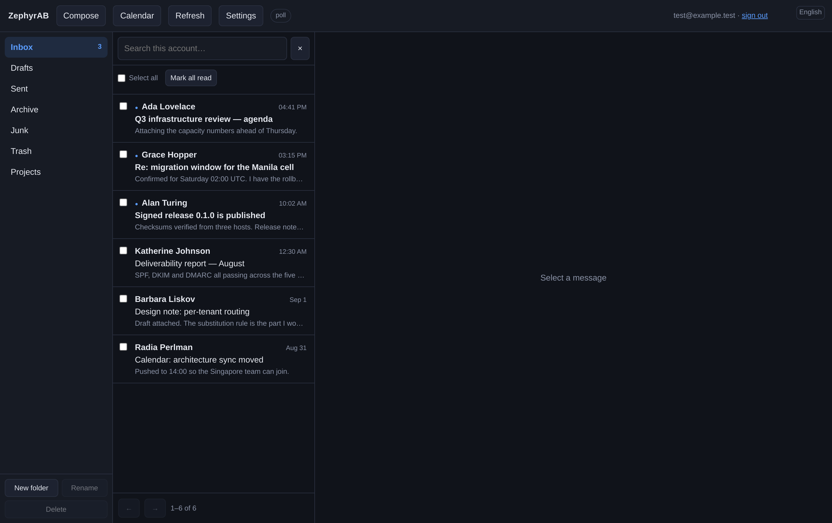 The webmail message list, showing threaded conversations with senders, subjects and dates.